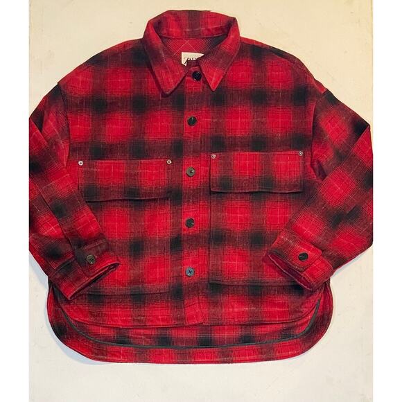 ZARA Shacket Women Sz L Red Black Plaid Wool Blend Oversized Button Jacket NWOT - Picture 3 of 11